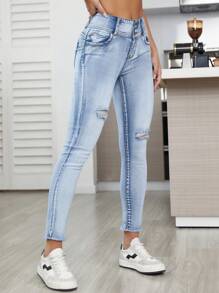 SHEIN Essnce Ripped Raw Hem Skinny Jeans - Light Wash - View 4