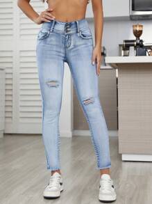 SHEIN Essnce Ripped Raw Hem Skinny Jeans - Light Wash - View 5
