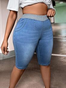 SHEIN SXY Quần short denim oversized Túi Khối Màu - Rửa trung bình - Xem 1