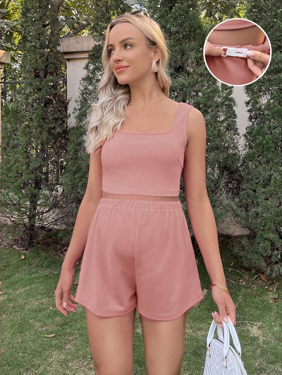 SHEIN Maternity Solid Tank Top & Adjustable Waist Shorts - Dusty Pink - View 1