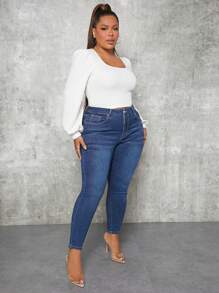 SHEIN SXY Jeans ajustados de talle alto - Azul lavado medio - Ver 4