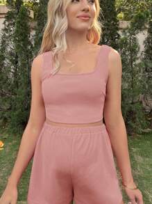 SHEIN Maternity Solid Tank Top & Adjustable Waist Shorts - Dusty Pink - View 3