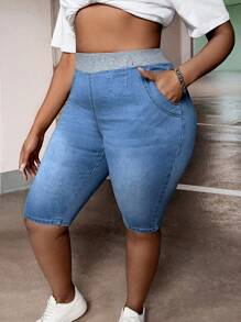 SHEIN SXY Quần short denim oversized Túi Khối Màu - Rửa trung bình - Xem 4