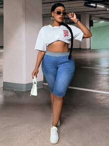 SHEIN SXY Quần short denim oversized Túi Khối Màu - Rửa trung bình - Xem 5