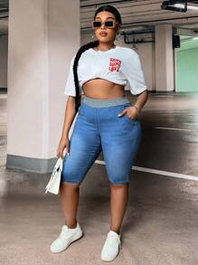 SHEIN SXY Quần short denim oversized Túi Khối Màu - Rửa trung bình - Xem 6