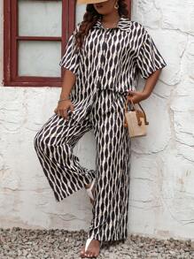 SHEIN LUNE Plus Allover Print Shirt & Wide Leg Trousers - Multicolor - View 4