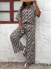 SHEIN LUNE Plus Allover Print Shirt & Wide Leg Trousers - Multicolor - View 5