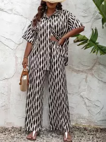 SHEIN LUNE Plus Allover Print Shirt & Wide Leg Trousers - Multicolor - View 1