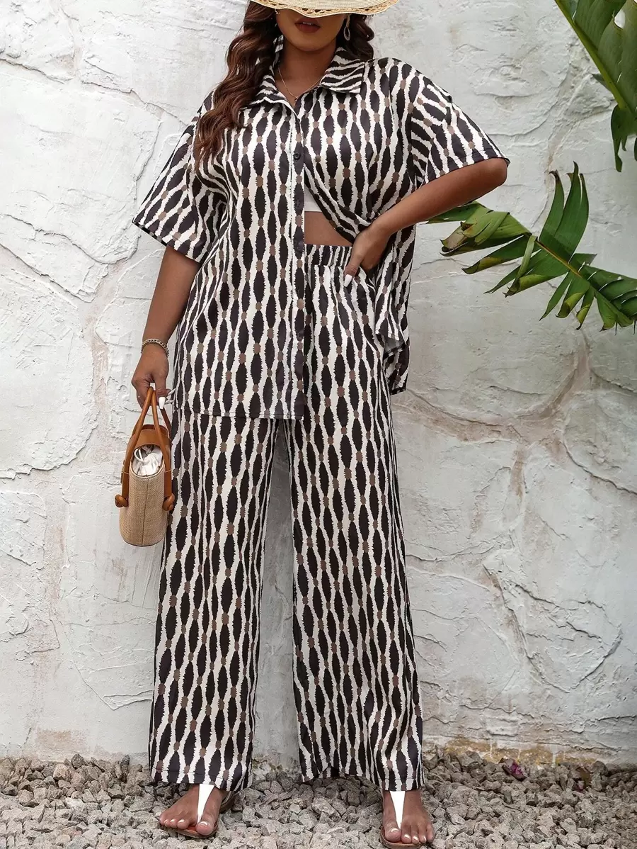 SHEIN LUNE Plus Allover Print Shirt & Wide Leg Trousers - Multicolor - View 1