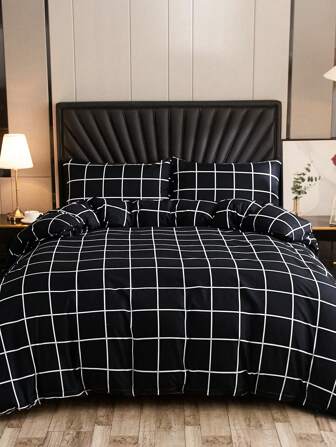 3pcs Plaid Pattern Duvet Cover Set (1 Duvet Cover & 2 Pillowcase) , Modern Polyester Bedding Set For All Season