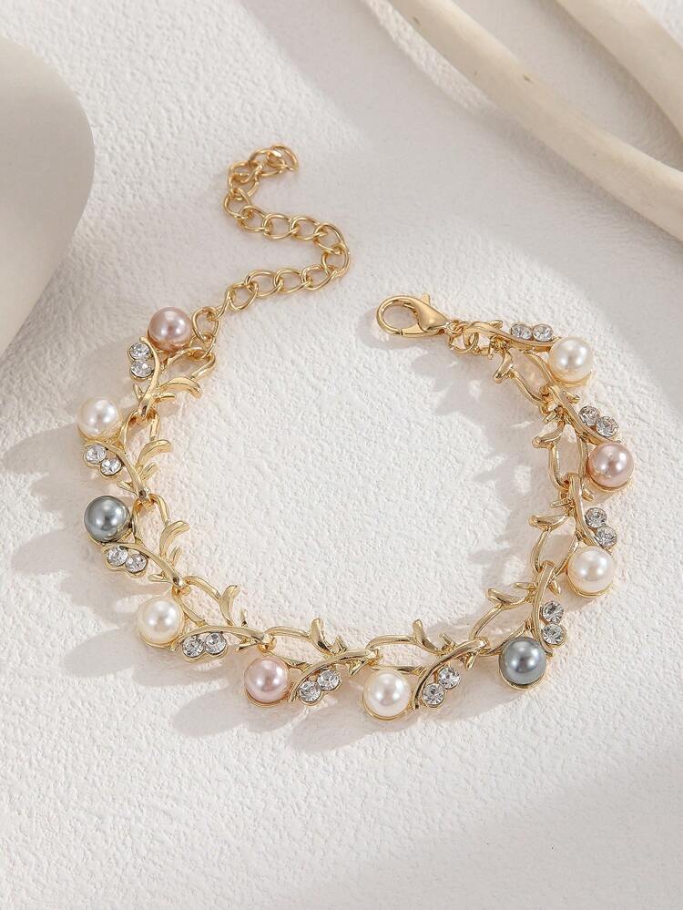1pc Luxury Zinc Alloy Faux Pearl & Rhinestone Decor Leaf Detail Chain Bracelet For Women For Daily Life