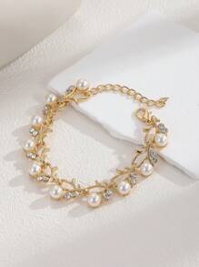1pc Luxury Zinc Alloy Faux Pearl & Rhinestone Decor Leaf Detail Chain Bracelet For Women For Daily Life