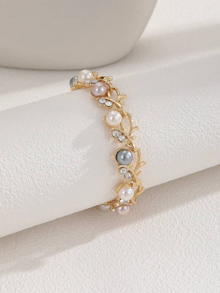 1pc Luxury Zinc Alloy Faux Pearl & Rhinestone Decor Leaf Detail Chain Bracelet For Women For Daily Life