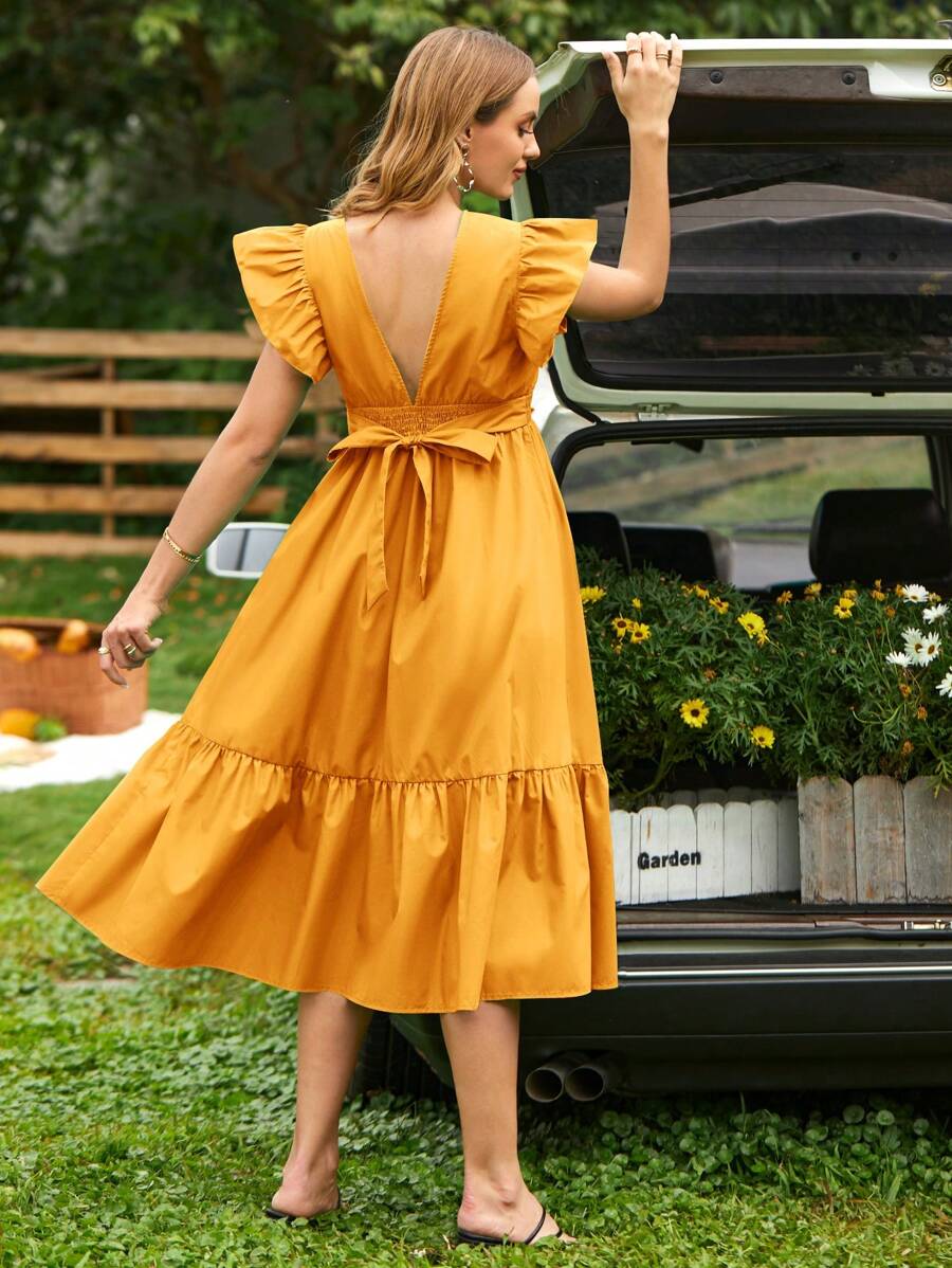 SHEIN 孕婦荷葉邊後背繫帶荷葉邊連衣裙 - 黃色 - 查看 1