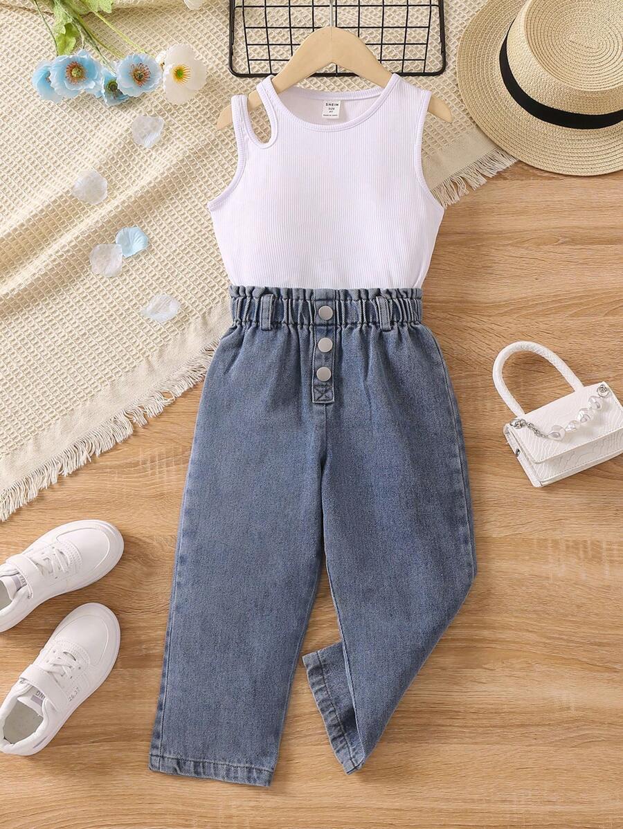 SHEIN Toddler Girls Cut Out Tank Top & Paperbag Waist Trousers - Multicolor - View 1