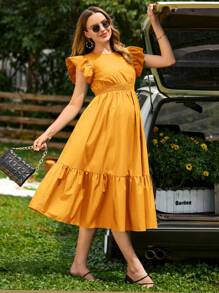 SHEIN 孕婦荷葉邊後背繫帶荷葉邊連衣裙 - 黃色 - 查看 2