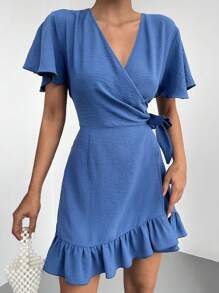 EURMUSE Vestido cruzado de manga mariposa con nudo lateral bajo con fruncido - Azul - Ver 1