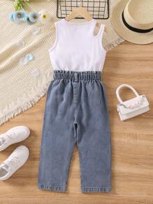 SHEIN Toddler Girls Cut Out Tank Top & Paperbag Waist Trousers - Multicolor - View 2