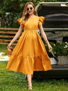 SHEIN 孕婦荷葉邊後背繫帶荷葉邊連衣裙 - 黃色 - 查看 3