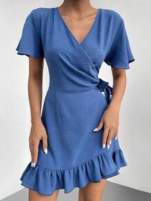 EURMUSE Vestido cruzado de manga mariposa con nudo lateral bajo con fruncido - Azul - Ver 3