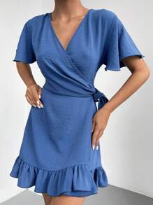 EURMUSE Vestido cruzado de manga mariposa con nudo lateral bajo con fruncido - Azul - Ver 4