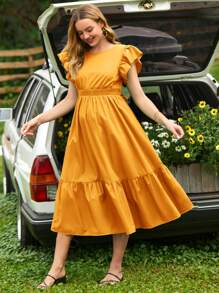 SHEIN 孕婦荷葉邊後背繫帶荷葉邊連衣裙 - 黃色 - 查看 5