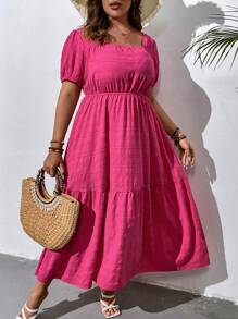 SHEIN Clasi Plus Square Neck Puff Sleeve Ruffle Hem Dress - Hot Pink - View 2