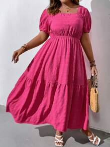 SHEIN Clasi Plus Square Neck Puff Sleeve Ruffle Hem Dress - Hot Pink - View 4