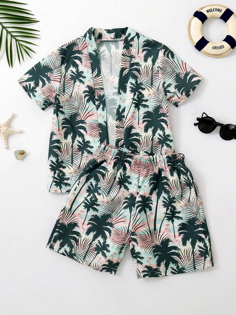Young Boy Tropical Print Kimono & Beach Shorts - Multicolor - View 1