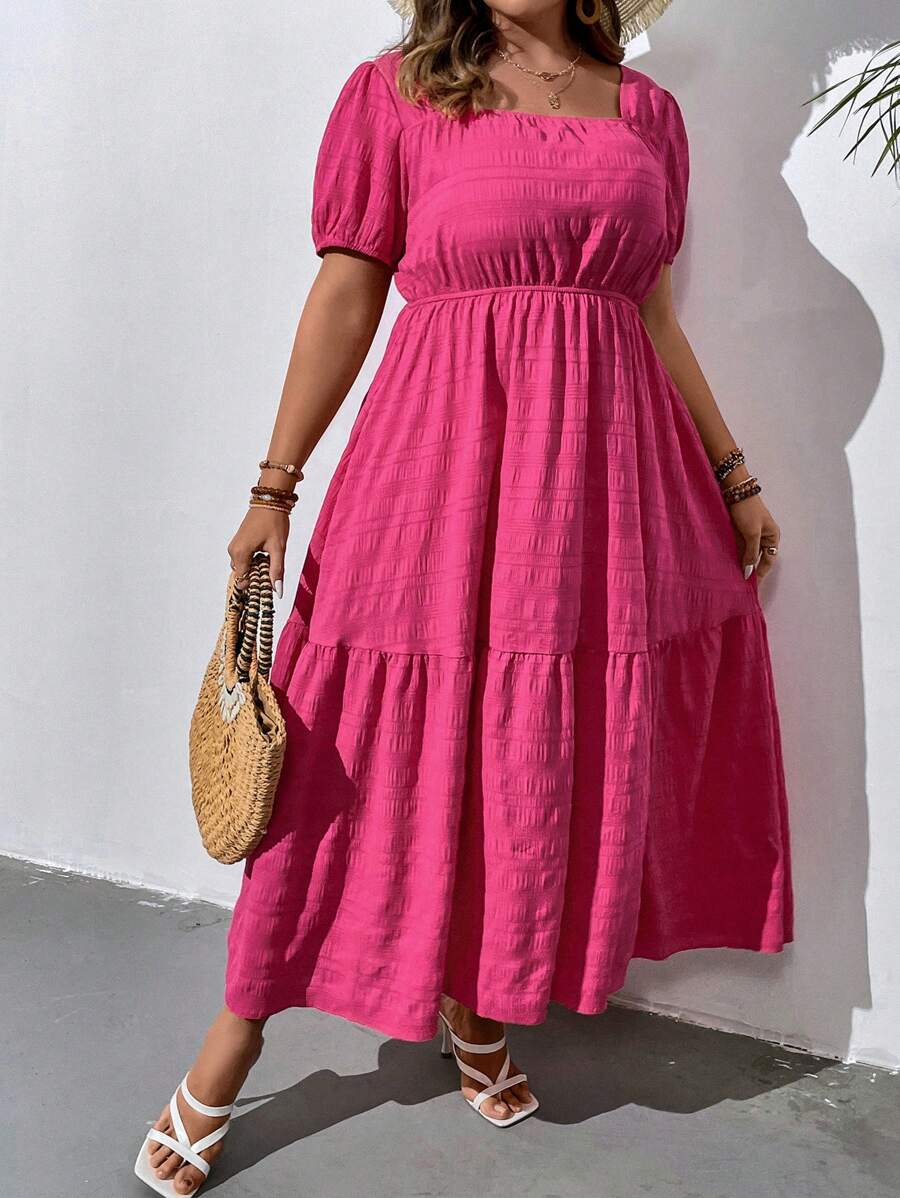 SHEIN Clasi Plus Square Neck Puff Sleeve Ruffle Hem Dress - Hot Pink - View 1