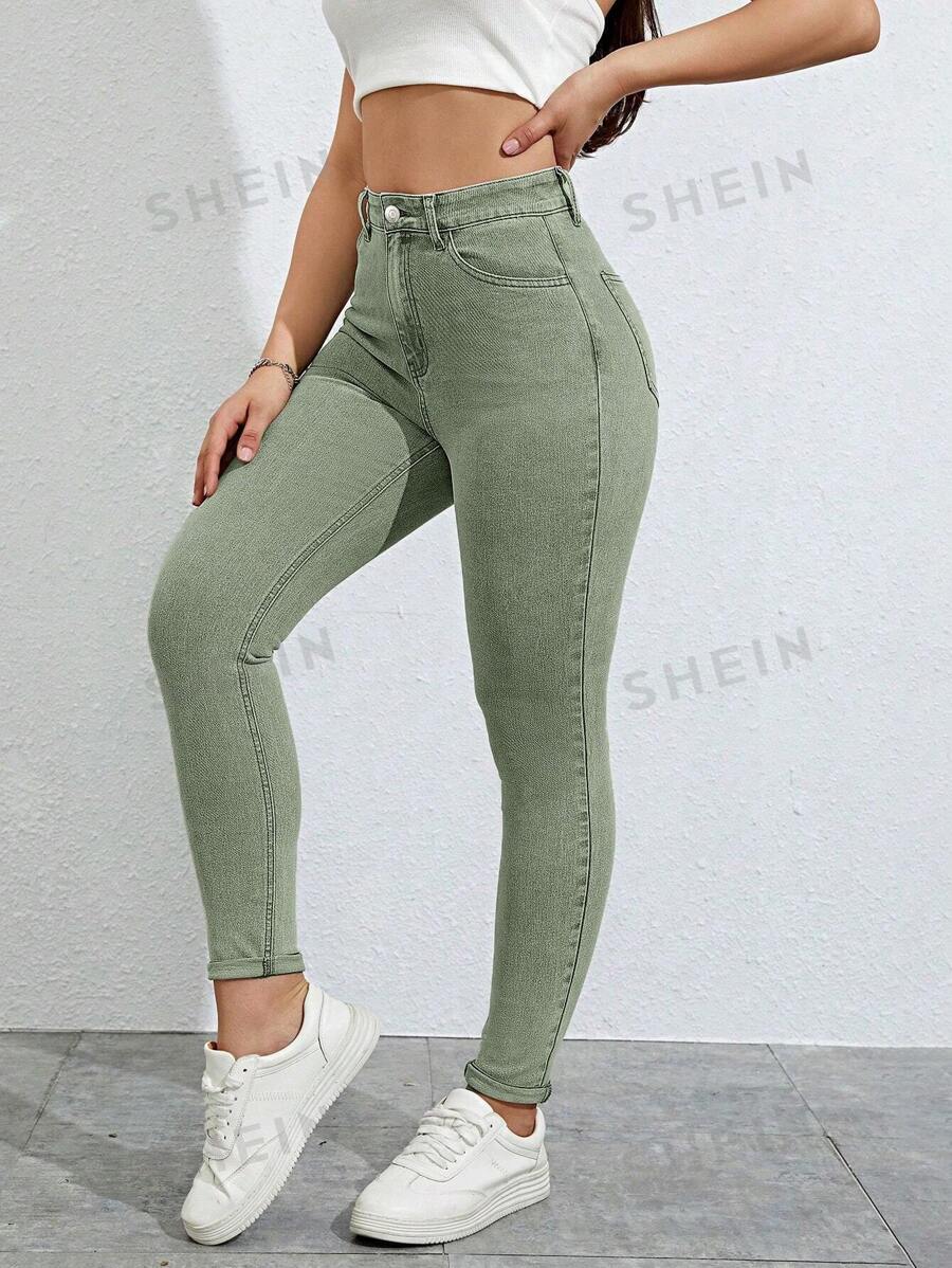 SHEIN SXY Jeans con bolsillo oblicuo delgado crop - verde menta - Ver 1