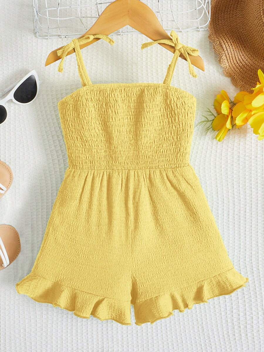 SHEIN Toddler Girls Tie Shoulder Ruffle Hem Cami Romper - Yellow - View 1