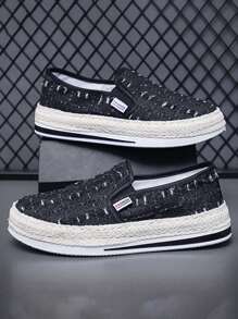 Men Letter Patch Decor Sneakers, Sport Outdoor Fabric Slip On Shoes - Black - View 1