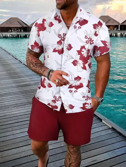 Manfinity RSRT Men Floral Print Shirt & Drawstring Waist Shorts Without Tee , Graphic , Vacation , Husband , Colorful , Boho, Cozy Outfits
