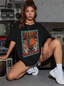 SHEIN EZwear Brev Grafisk Enkel T-Shirt - Svart - Visa 7