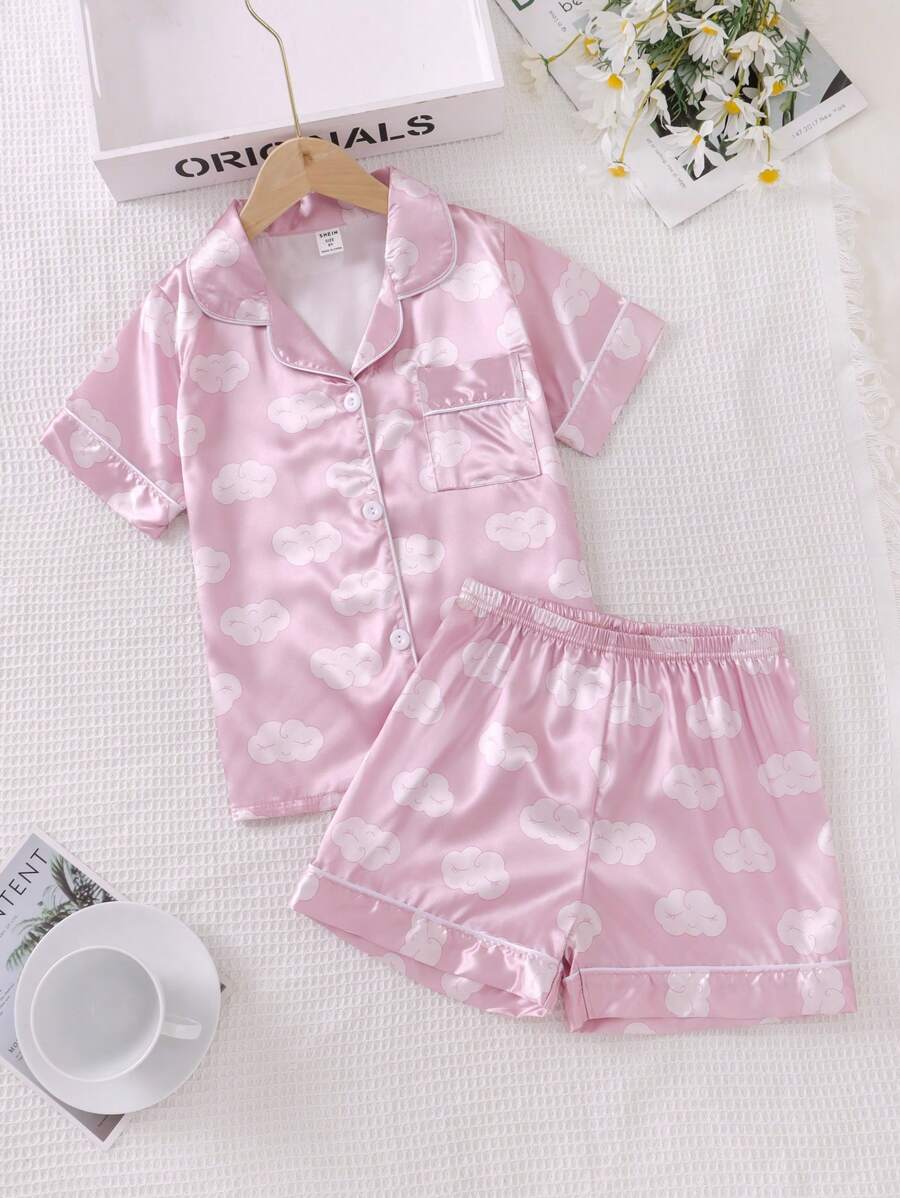Girls Cloud Print Contrast Piping Satin PJ Set - Baby Pink - View 1