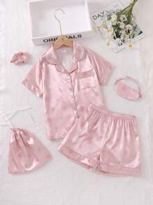 Teen Girls' Polka Dot Fleece Pajama Set With Eye Mask, Hair Tie And Bag - Baby Pink - View 1