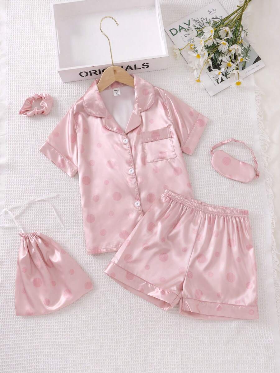 Teen Girls' Polka Dot Fleece Pajama Set With Eye Mask, Hair Tie And Bag - Baby Pink - View 1