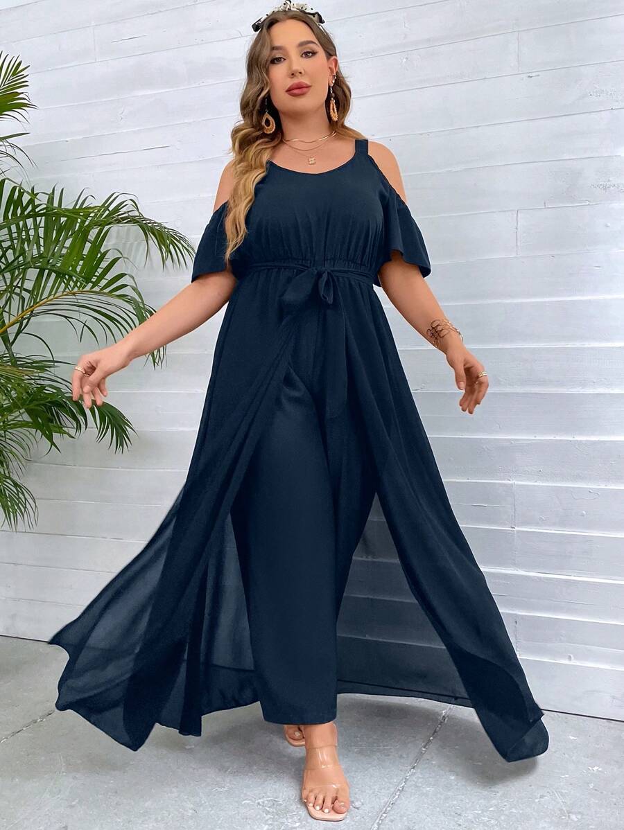 SHEIN Clasi Jumpsuits Plus Size Thắt lưng Chia màu trơn Giải trí - Màu xanh hải quân - Xem 1