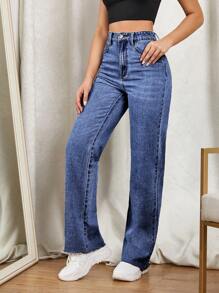 SHEIN EZwear 高腰直筒牛仔褲 - 深色水洗藍 - 查看 3
