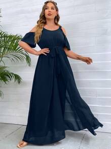 SHEIN Clasi Jumpsuits Plus Size Thắt lưng Chia màu trơn Giải trí - Màu xanh hải quân - Xem 3