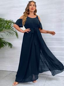 SHEIN Clasi Jumpsuits Plus Size Thắt lưng Chia màu trơn Giải trí - Màu xanh hải quân - Xem 4