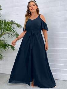 SHEIN Clasi Jumpsuits Plus Size Thắt lưng Chia màu trơn Giải trí - Màu xanh hải quân - Xem 5