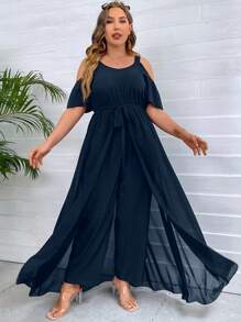 SHEIN Clasi Jumpsuits Plus Size Thắt lưng Chia màu trơn Giải trí - Màu xanh hải quân - Xem 6