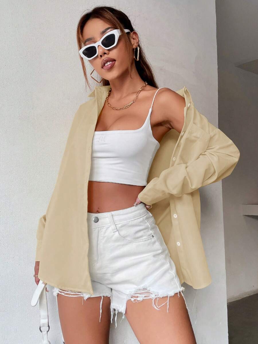 SHEIN Unity 素色落肩袖口袋貼布前紐扣襯衫 - 米色 - 查看 1
