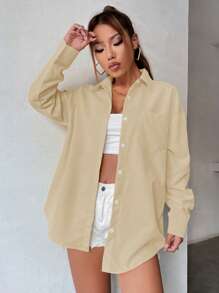 SHEIN Unity Camisa unicolor de hombros caídos con parche de bolsillo con botón delantero - Beis - Ver 3