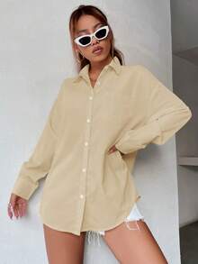 SHEIN Unity Camisa unicolor de hombros caídos con parche de bolsillo con botón delantero - Beis - Ver 4