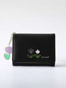 字母与花卉图案带包饰口袋钱包小号三折纤薄女士钱包女士钱包钱包小钱包 - 黑色 - 查看 3