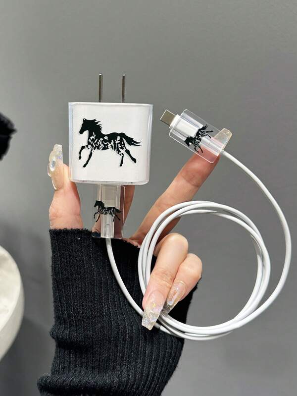 3pcs Horse Pattern Data Cable Protector & Charger Head Cover Set Charger Protector