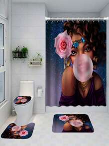 4入組人形和花卉圖案浴簾和馬桶蓋和浴墊和12入組掛鉤現代滌綸防滑防水浴簾套裝 - 彩色 - 查看 1